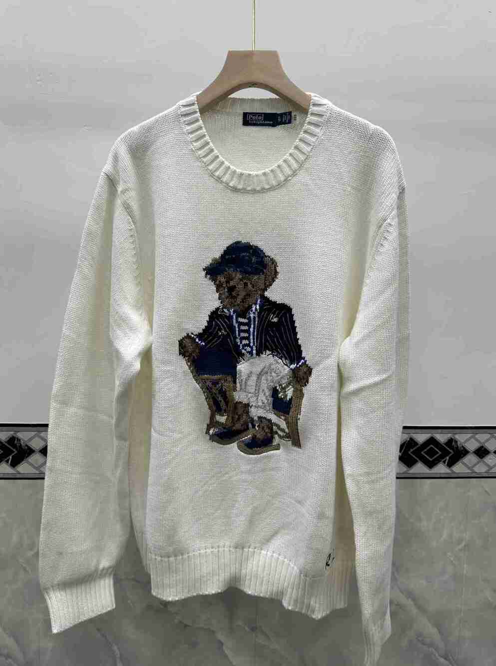 Polo Bear Seated Gentleman Graphic White Knit Sweater